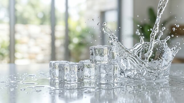 Clear water splashing over ice cubes on a wet surface with soft background