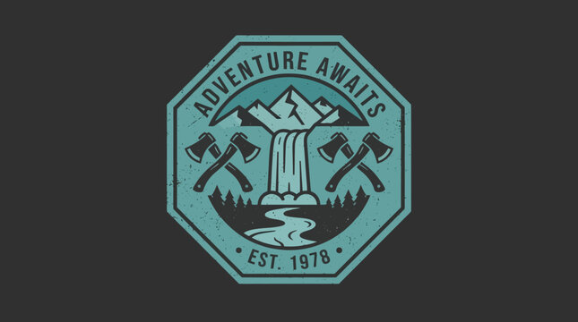 Adventure Awaits Emblem with Waterfall and Axes.