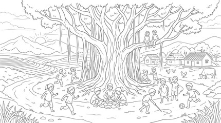 Obraz premium Children Playing Under Large Banyan Tree in Rural Village