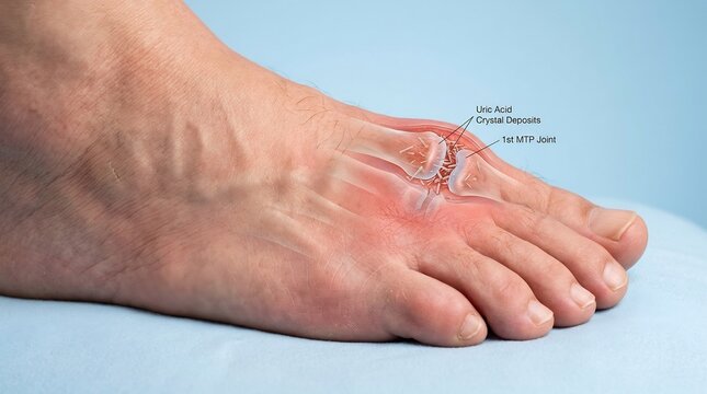 Toe joint affected by gout highlights crystal deposits and inflammation at the MTP joint to demonstrate the clinical symptoms of metabolic arthritic conditions in a diagnostic medical context.