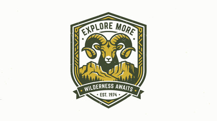 Naklejka premium Vintage Ram Head Mountain Explore More Wilderness Awaits Logo.