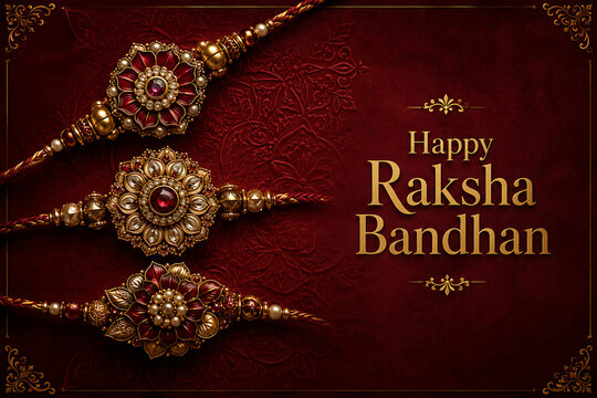 Happy raksha bandhan luxury greeting with three ornate red gold rakhis embossed maroon background and elegant hindu religious festival celebration typography card design