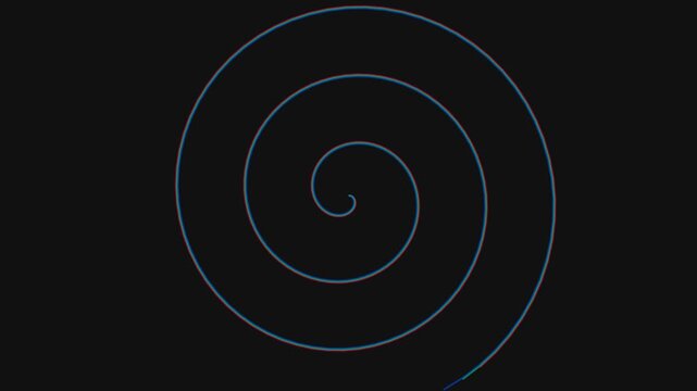 Abstract blue chromatic spiral ribbons rotating on a black background with minimalist design