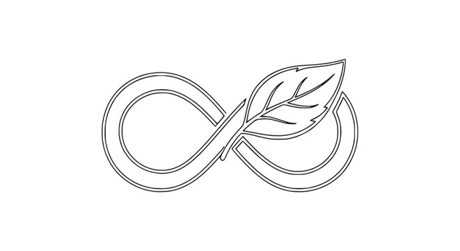 Infinity symbol intertwined with a leaf, representing sustainability and nature's endless cycle. Clean outline icon.