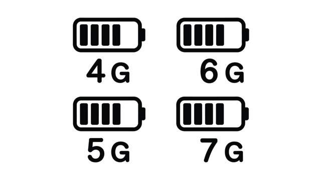 4G 5G 6G 7G mobile network signal icons featuring battery status, wireless connection, cellular technology, and transparent background vector illustration.