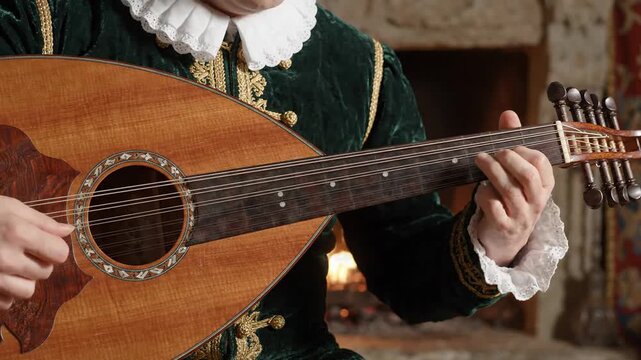 Renaissance musician in historical costume playing a wooden lute