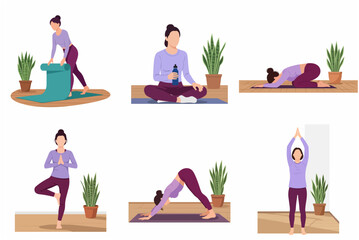 Fototapeta premium Woman Practicing Yoga Poses and Healthy Lifestyle Illustration Set