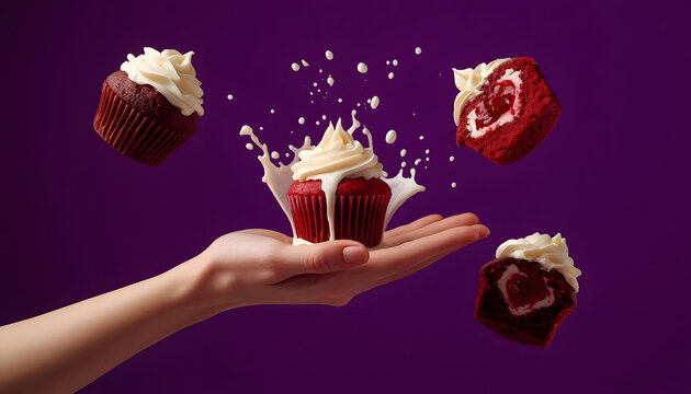 Hand holding red velvet cupcakes with milk splash. Sweet dessert flying in the air.