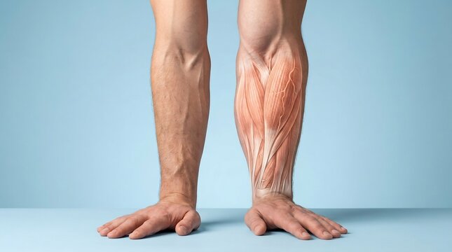 Leg muscles are highlighted in this detailed anatomical diagram showing the calf structure to educate patients about sports injuries and recovery options during medical consultations.