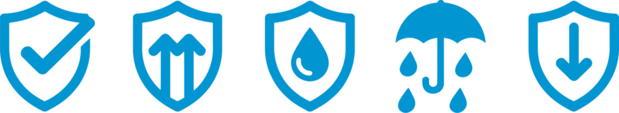Waterproof and water resistance icon collection featuring splash proof, liquid protection, durability and weatherproof symbols for product labels, packaging and technical documentation in outline, sol