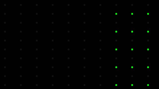 Abstract digital grid with green square patterns representing binary data flow and processing