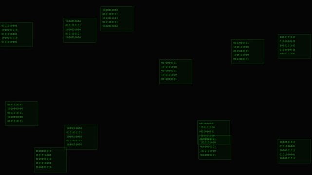 Abstract digital data blocks with green binary code flickering on a dark screen background