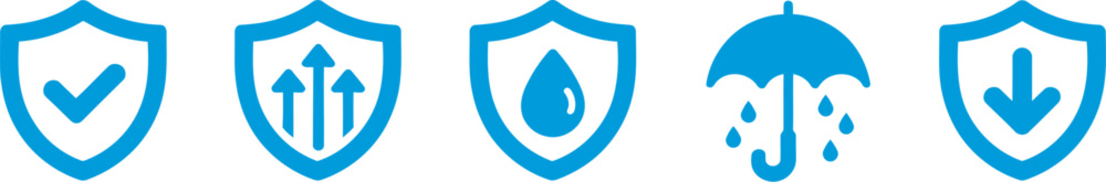 Waterproof and water resistance icon collection featuring splash proof, liquid protection, durability and weatherproof symbols for product labels, packaging and technical documentation in outline, sol