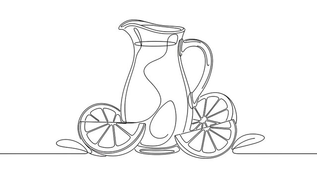 Line art pitcher with lemon slices white background.