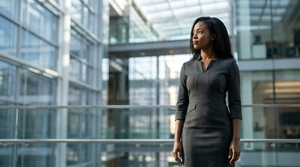 Fototapeta premium Confident businesswoman in modern office environment posing elegantly with natural light filtering through glass windows representing professional success