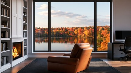 Obraz premium Interior of a cozy home library study with a warm fireplace and autumn forest view
