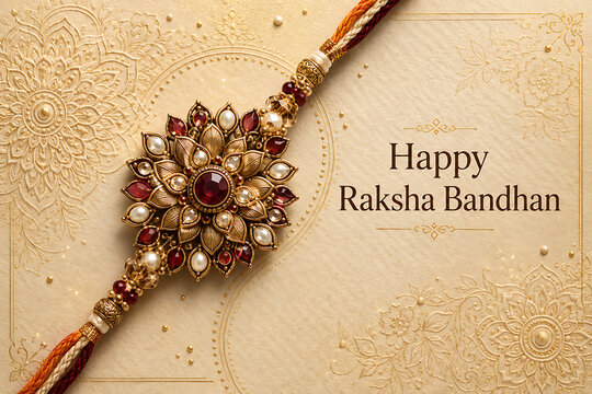 Happy raksha bandhan card featuring luxurious ruby pearl rakhi on embossed golden floral background celebrating hindu religious festival and traditional sibling bond heritage