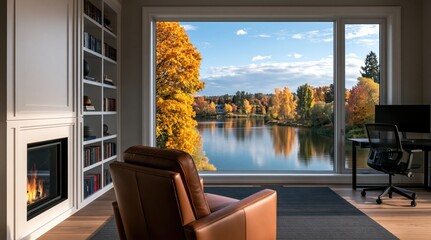 Obraz premium Office home interior with cozy leather chair and fireplace by autumn lake window