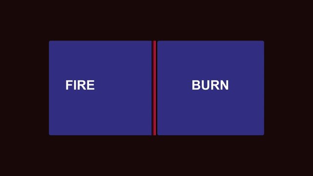 Animated spark traveling down a red fuse between blue boxes labeled fire and burn