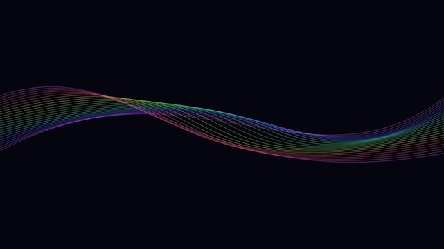 Abstract rainbow color strings flowing in a wavy motion against a dark background