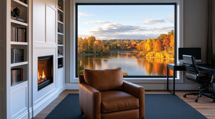 Obraz premium Office interior in a cozy home with leather armchair fireplace and autumn lake view