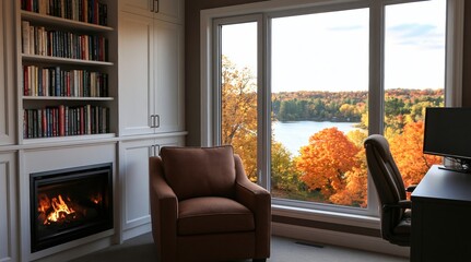 Obraz premium Office home interior with cozy fireplace bookshelf and autumn lake scenery window