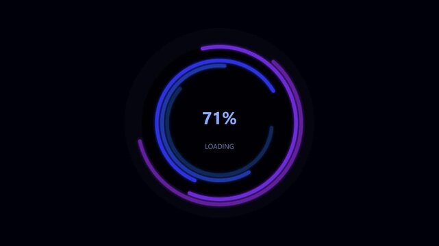 Blue and purple circular loading progress bars with percentage counters on black background