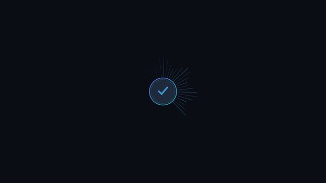 Blue checkmark icon with radiating geometric lines rotating on a dark background for verification