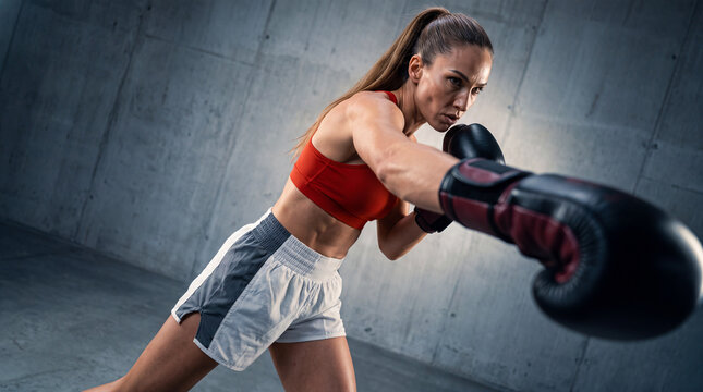 A female boxer trains in the gym in the ring. An athlete in a dynamic position in the martial arts hall is fighting an opponent. Self-defense, sports, attack, boxing
