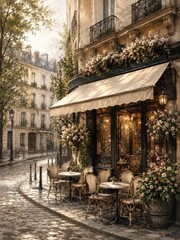 Obraz premium Paris cafe terrace with flowers on a quiet cobblestone street