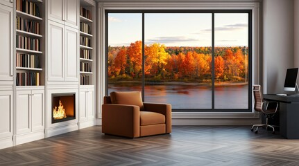 Obraz premium Office interior with cozy armchair and fireplace by autumn lake view window library