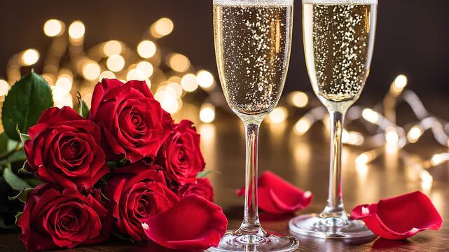 Champagne flutes with bubbles by red roses, mp4 video. AI