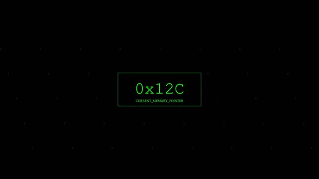 Digital memory pointer with hexadecimal values and falling binary code on black screen