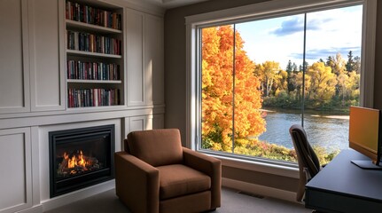 Obraz premium Office home library with cozy fireplace and autumn river view through the window
