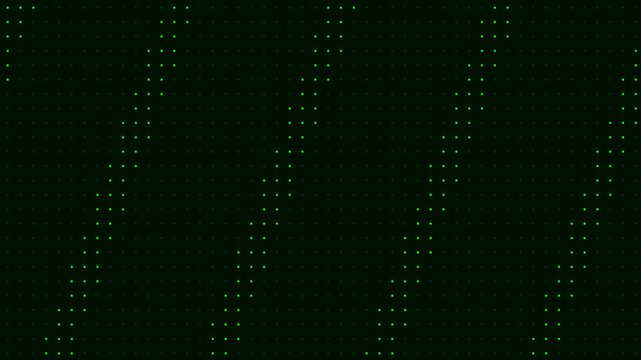 Green digital dot matrix pattern moving diagonally across a dark background for technology themes