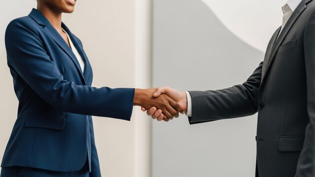 African American businesswoman and male professional shaking hands in modern office to celebrate successful business deal and partnership agreement