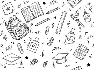 School supplies doodle pattern. Back to school stationery icons and education elements. © faij sayed