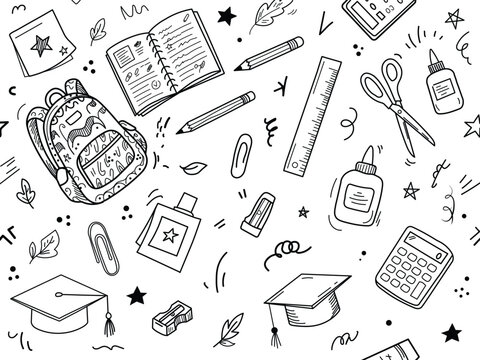 School supplies doodle pattern. Back to school stationery icons and education elements.