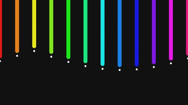 Rainbow colored vertical bars bouncing rhythmically with elastic motion on a black background