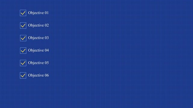 Sequential checklist of objectives on a blue grid background for project management and planning