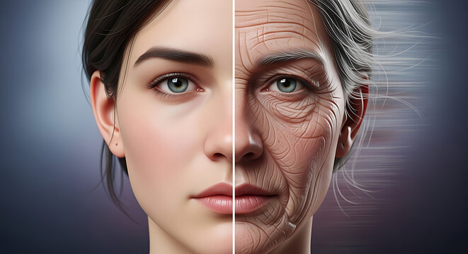 Close-up portrait of a woman showing age progression with a digital aging effect overlay.