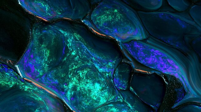 Emerald opal macro texture with shimmering green cells and dark veins
