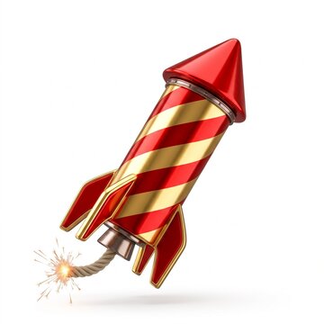 Red and gold firework rocket with ignited fuse on white background
