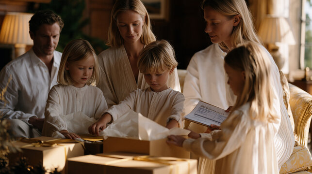 Extended family gathers in a sunlit luxury sitting room where an art teacher unpacks a micro fulfillment delivery of premium acrylic sets, children reaching eagerly into tissue