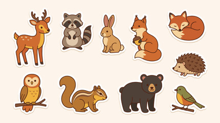 Obraz premium A set of cute cartoon woodland autumn animal and nature stickers 