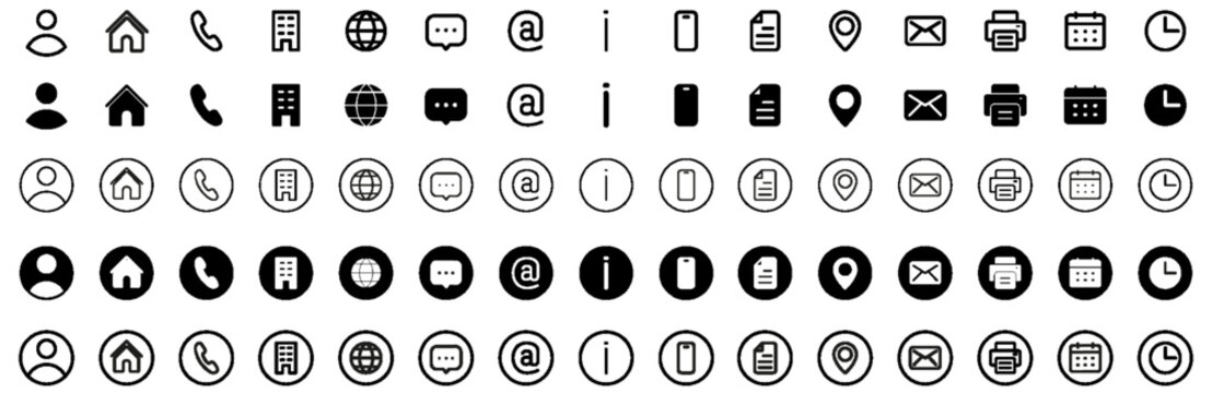 Contact us icon set. Containing communication symbol for business card and web in line and solid circle style