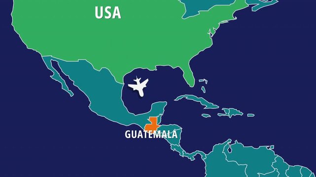 Flight Map Animation Showing Airplane Route Travelling From USA to Guatemala. Perfect visual for video editors, content creators, and marketing agencies needing high-end geographical transitions.