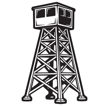 Black and white illustration of a watchtower on a metal lattice structure