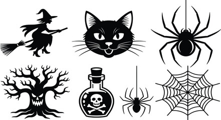 Fototapeta premium Halloween Silhouette Icon Collection Featuring Witch Black Cat Spiders Poison Bottle Haunted Tree and Spider Web Vectors