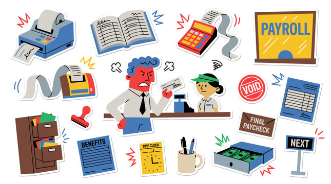 Angry customer arguing at payroll counter with financial documentation, cash register, and receipt printing, office administration and service